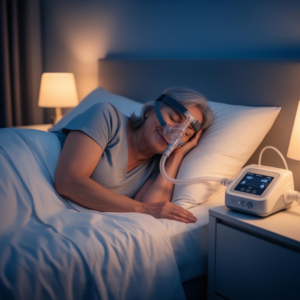 Patientin schläft entspannt mit CPAP-Maske – ruhige Schlaftherapie zu Hause